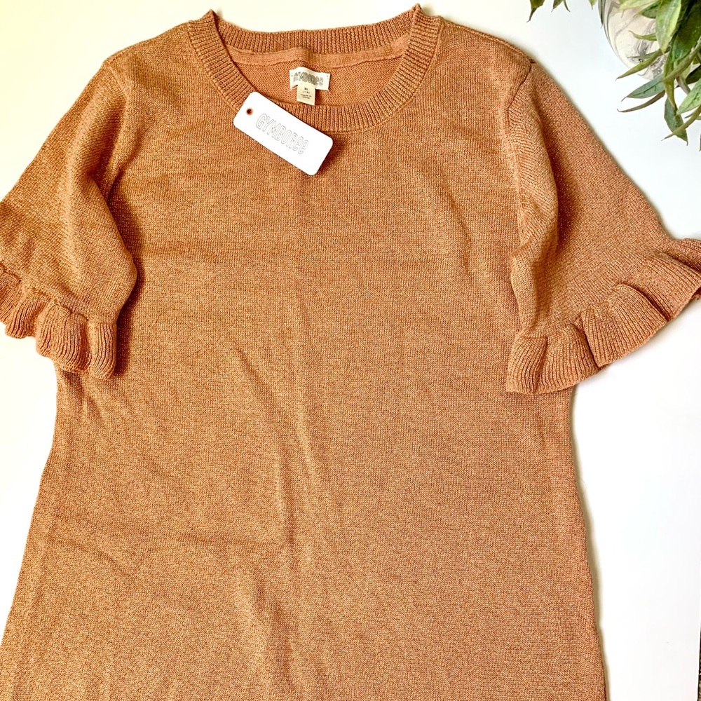 Sparkling knit sweater dress gold rose color, ruffle sleeves, girl size 14